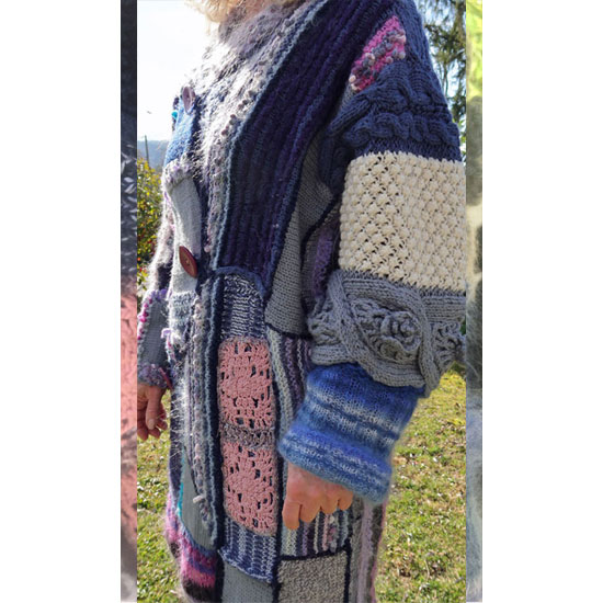 Manteau laine tricot main artistique, manteau de créateur en laine tricoté à la main, crochet et tricot